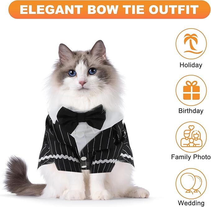 pet products Dog Cat Tuxedo Suit with Bow Tie - Formal Black & White Striped Pet Costume Shirt, Elegant Wedding Outfit Birthday Party Attire for Maltese Dachshund Yorkie Puppies Shih Tzu Small Medium Dogs and cats