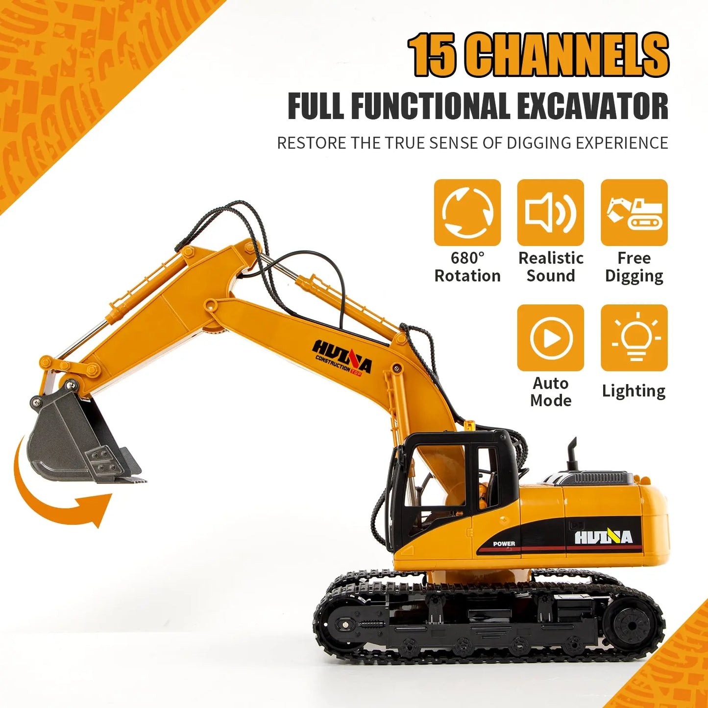 HUINA 1/14 RC Electric Excavator 1535 Remote Control Digger 15CH 2.4G Radio Finished Toy Model Battery Sound Light Effects Hobby Grade Model for Ages 14+ Femina Worldwide