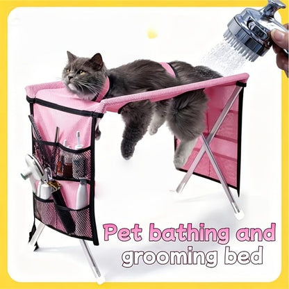 Foldable Pet Grooming Table for Cats and Small Dogs, Multi-functional Care Station with Mesh Bed, Storage Pockets, and Adjustable Restraint Straps for Nail Trimming, Hair Brushing, Bathing, and Ear Cleaning (Beige)