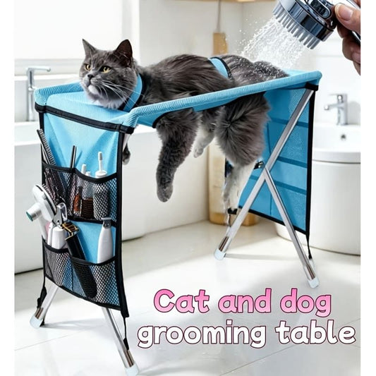 Foldable Pet Grooming Table for Cats and Small Dogs, Multi-functional Care Station with Mesh Bed, Storage Pockets, and Adjustable Restraint Straps for Nail Trimming, Hair Brushing, Bathing, and Ear Cleaning (Blue)