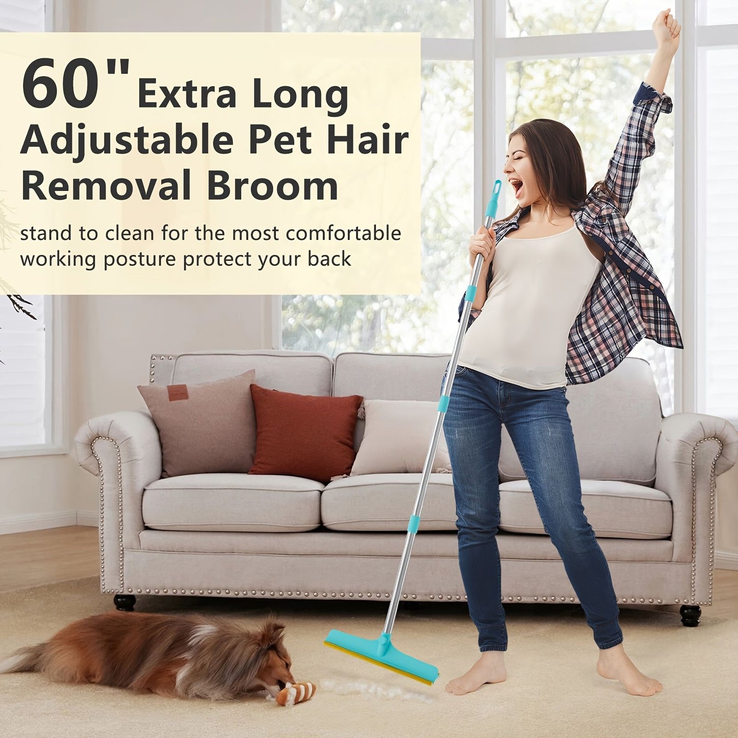 Blue Yellow pet hair remover broom, pet cleaning supplies, pet hair removal, Australian pet owners, carpet pet hair cleaner, floor pet hair cleaner, pet hair broom Australia, pet hair brush, lint remover broom