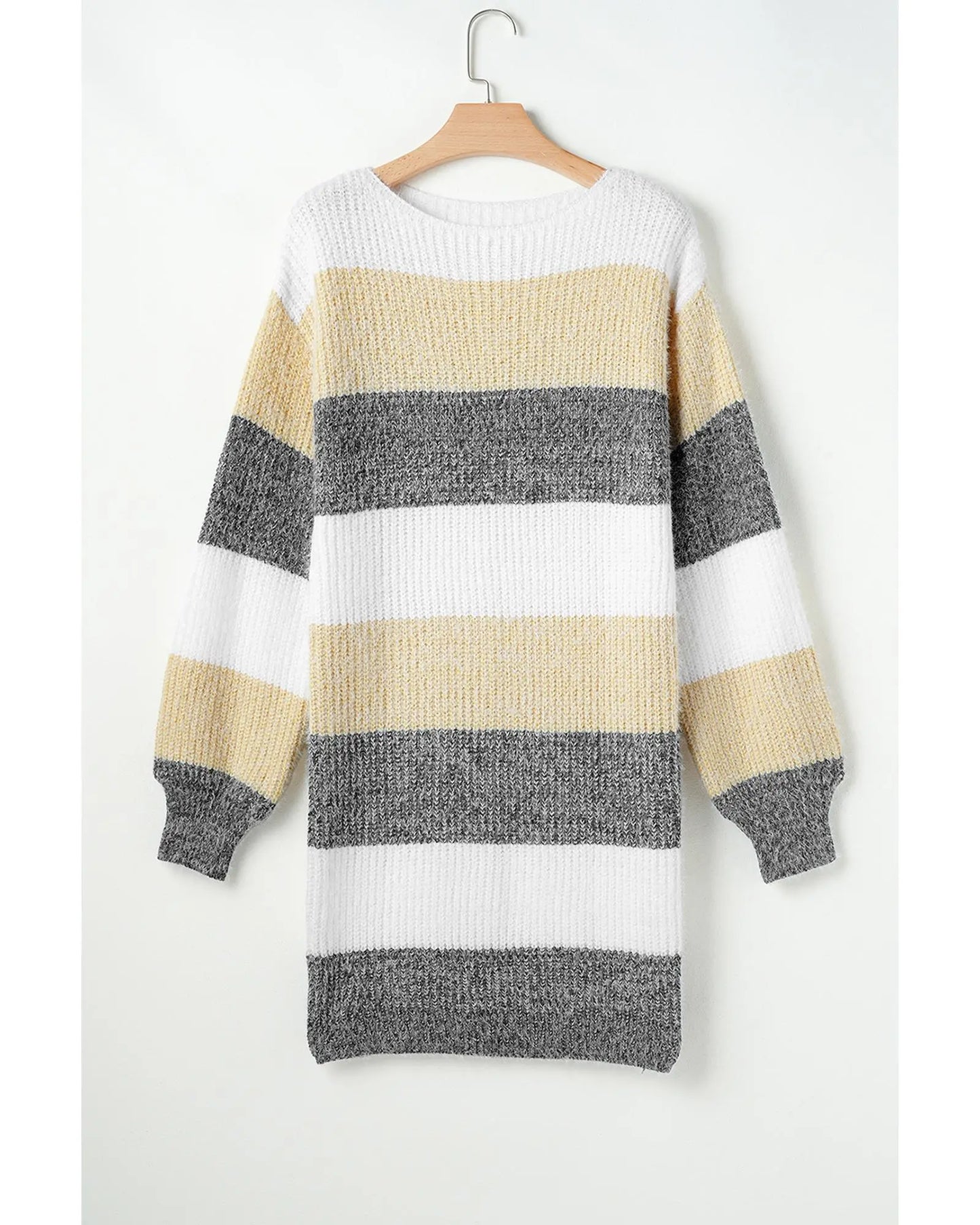 Gray Stripe Colorblock Bubble Sleeve Drop Shoulder Sweater Dress - L Femina Worldwide