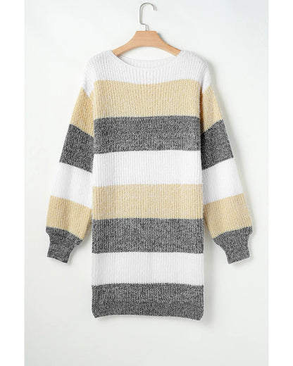 Gray Stripe Colorblock Bubble Sleeve Drop Shoulder Sweater Dress - M Femina Worldwide
