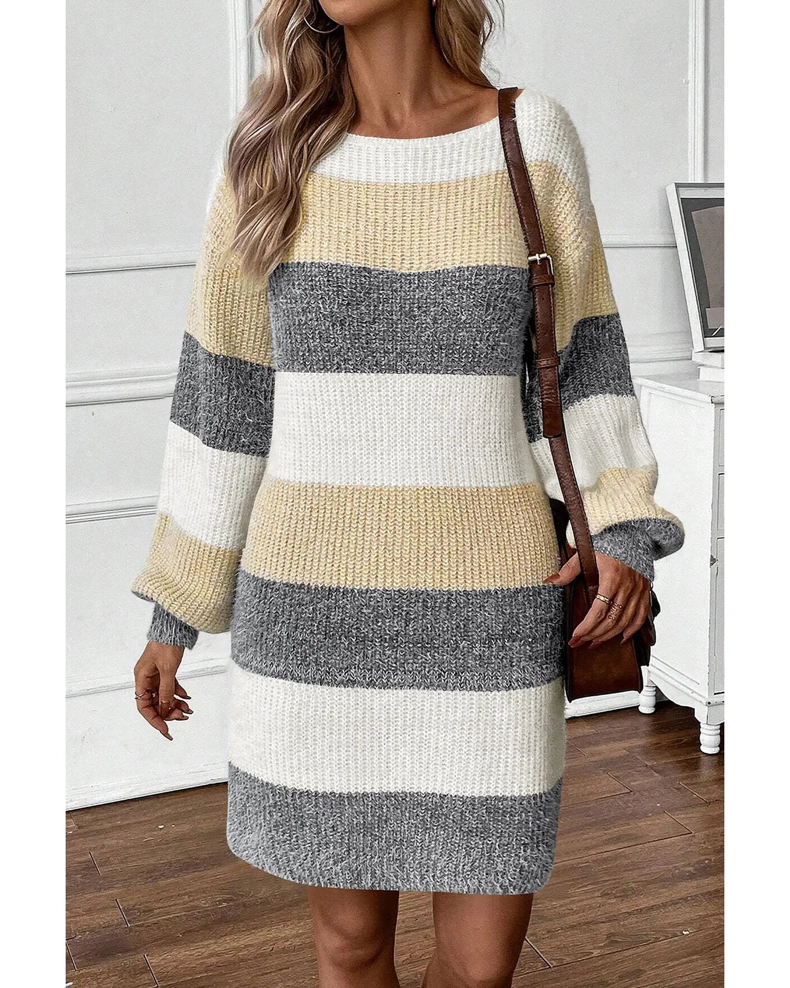 Gray Stripe Colorblock Bubble Sleeve Drop Shoulder Sweater Dress - S Femina Worldwide