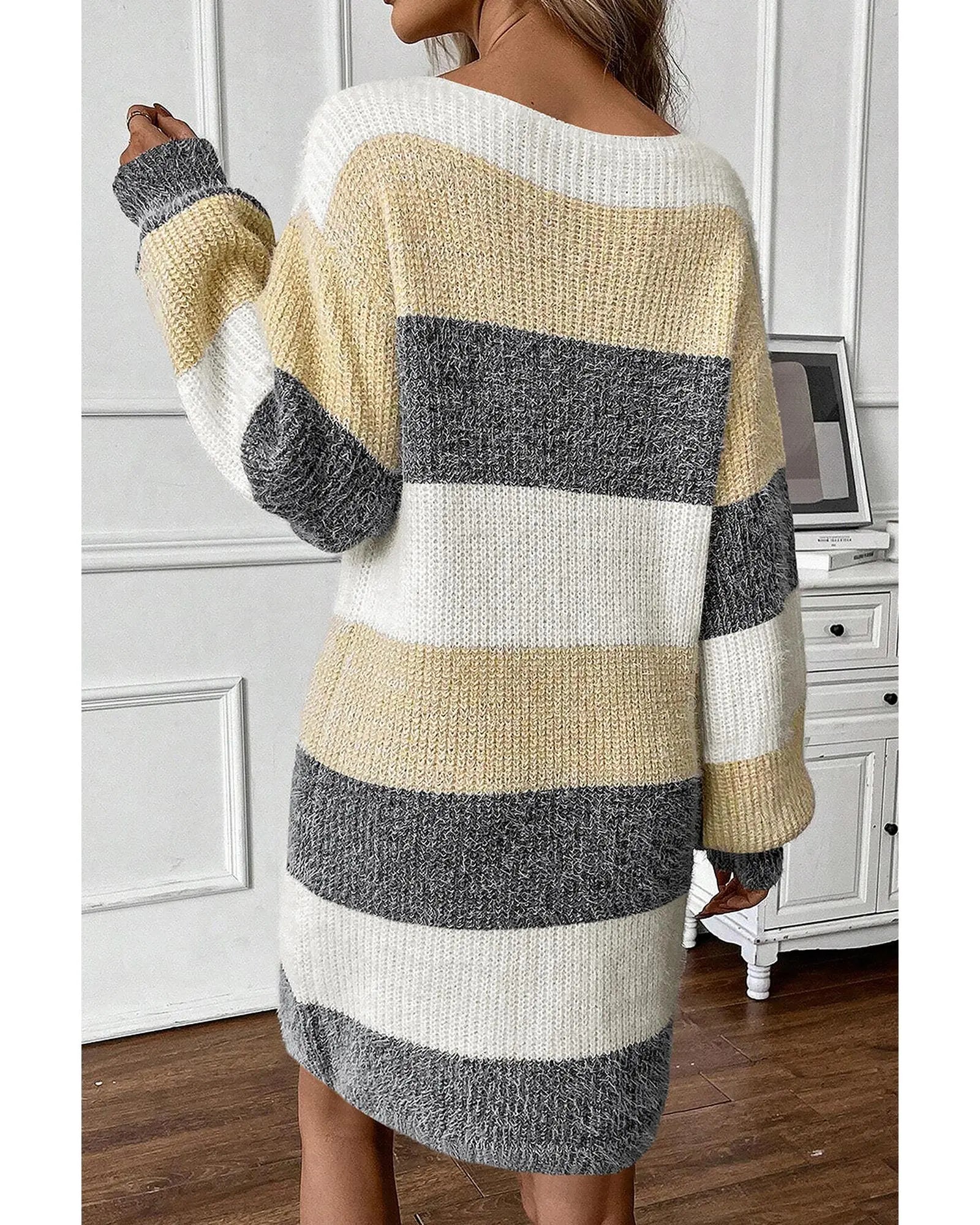 Gray Stripe Colorblock Bubble Sleeve Drop Shoulder Sweater Dress - S Femina Worldwide