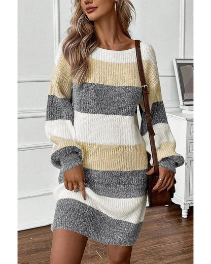 Gray Stripe Colorblock Bubble Sleeve Drop Shoulder Sweater Dress - XL Femina Worldwide