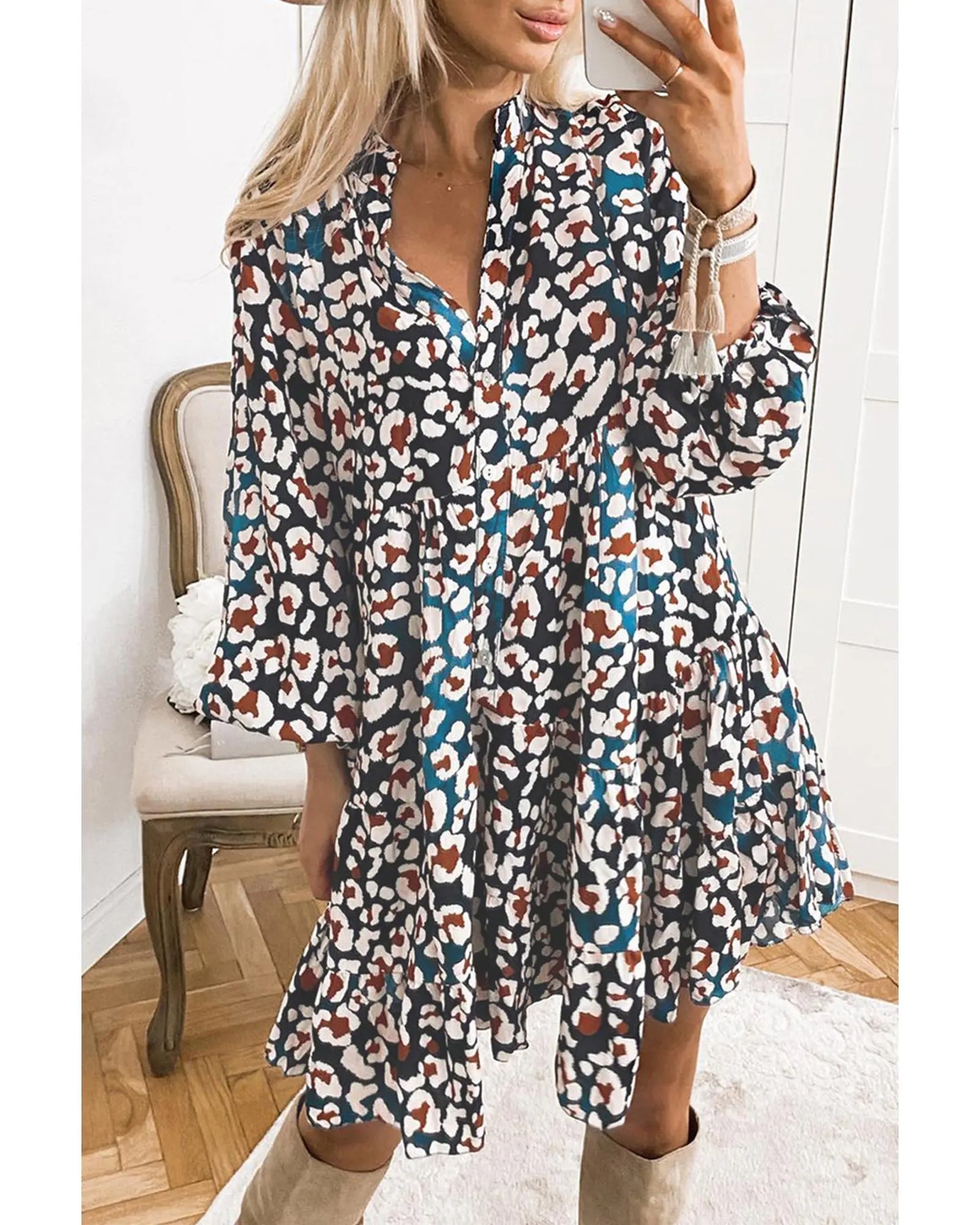 Blue Leopard Print Bubble Sleeve Ruffled Shirt Dress - L Femina Worldwide