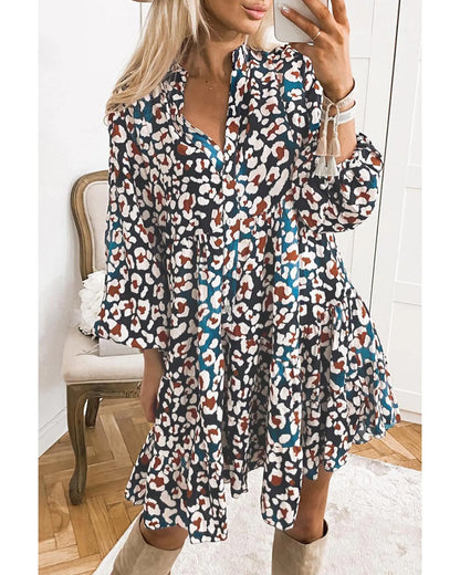 Blue Leopard Print Bubble Sleeve Ruffled Shirt Dress - L Femina Worldwide