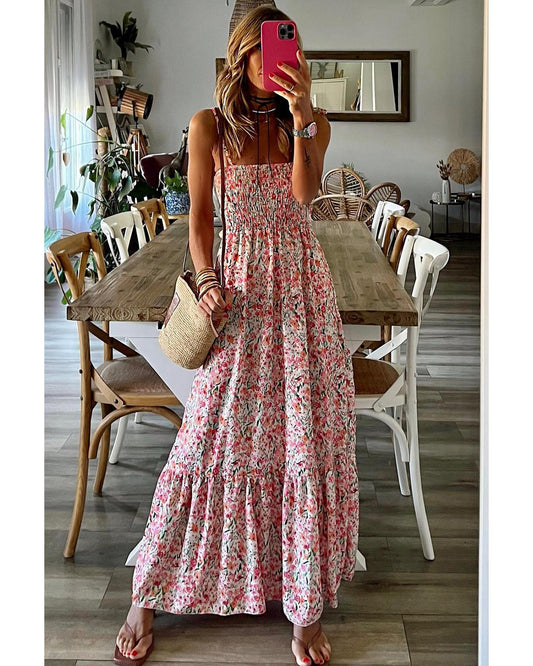 White Boho Floral Smocked Ruffled Maxi Dress - XL