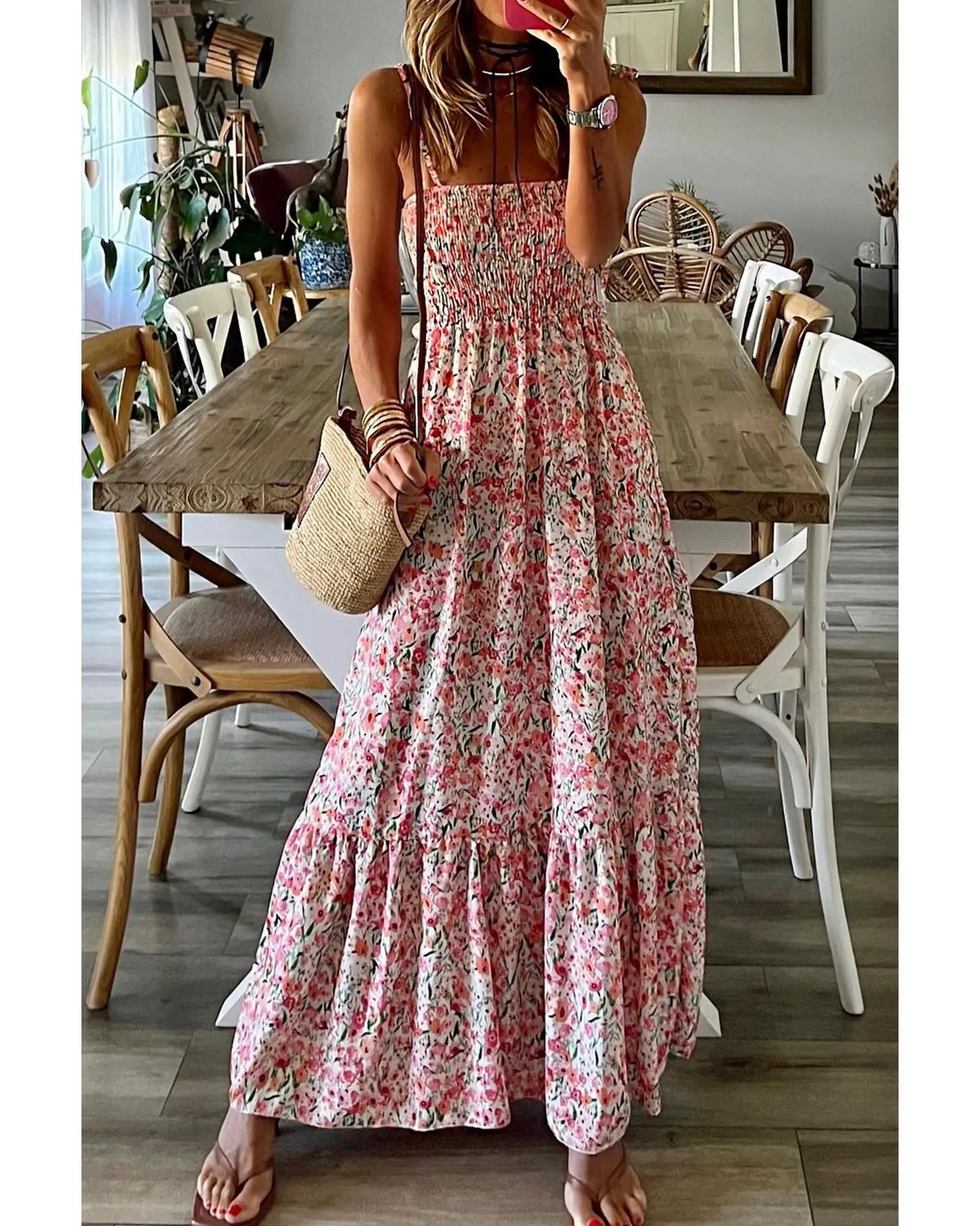 White Boho Floral Smocked Ruffled Maxi Dress - XL Femina Worldwide