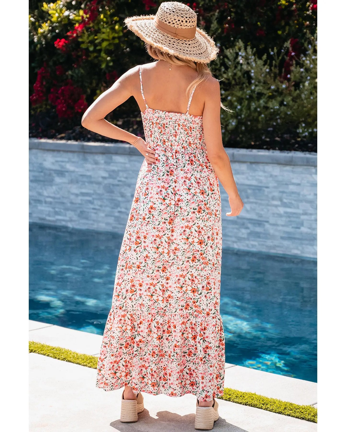 White Boho Floral Smocked Ruffled Maxi Dress - XL Femina Worldwide