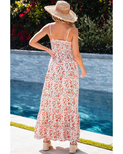 White Boho Floral Smocked Ruffled Maxi Dress - XL Femina Worldwide