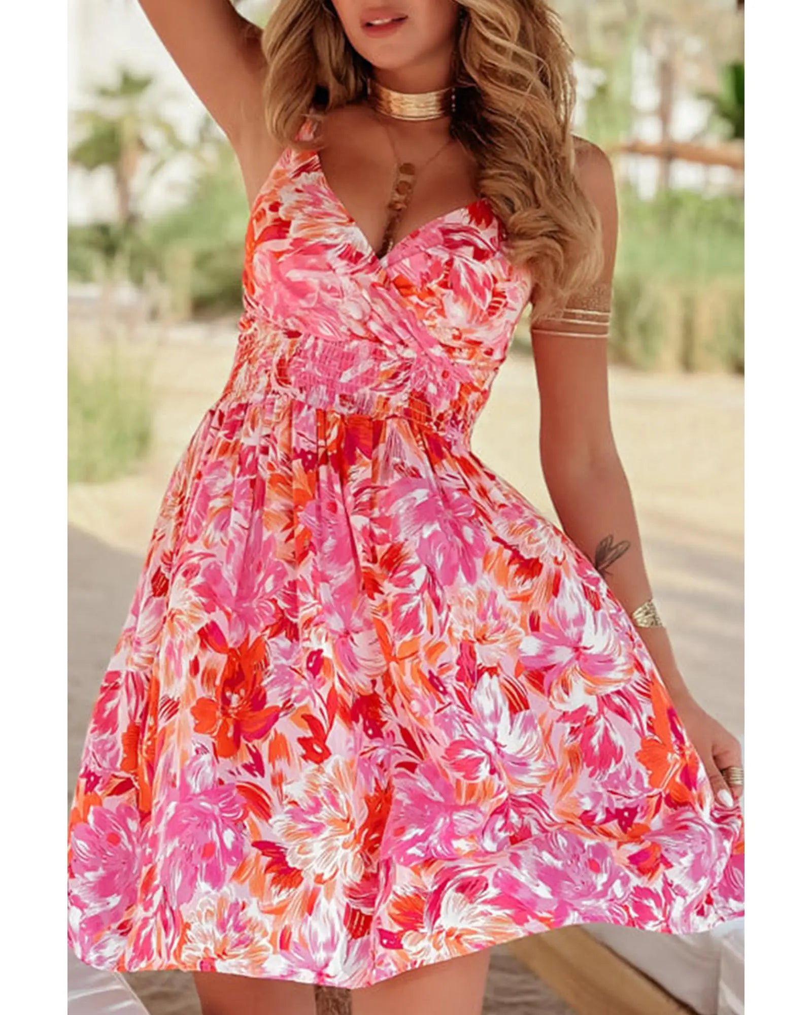 Red Floral Spaghetti Strap Surplice Neck Shirred Waist Mini Dress - XL Femina Worldwide