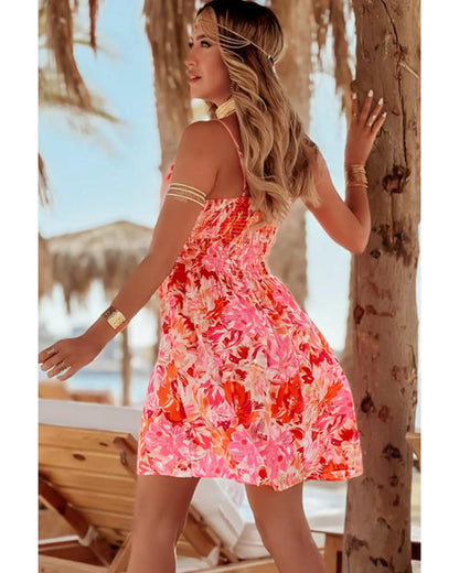 Red Floral Spaghetti Strap Surplice Neck Shirred Waist Mini Dress - XL Femina Worldwide