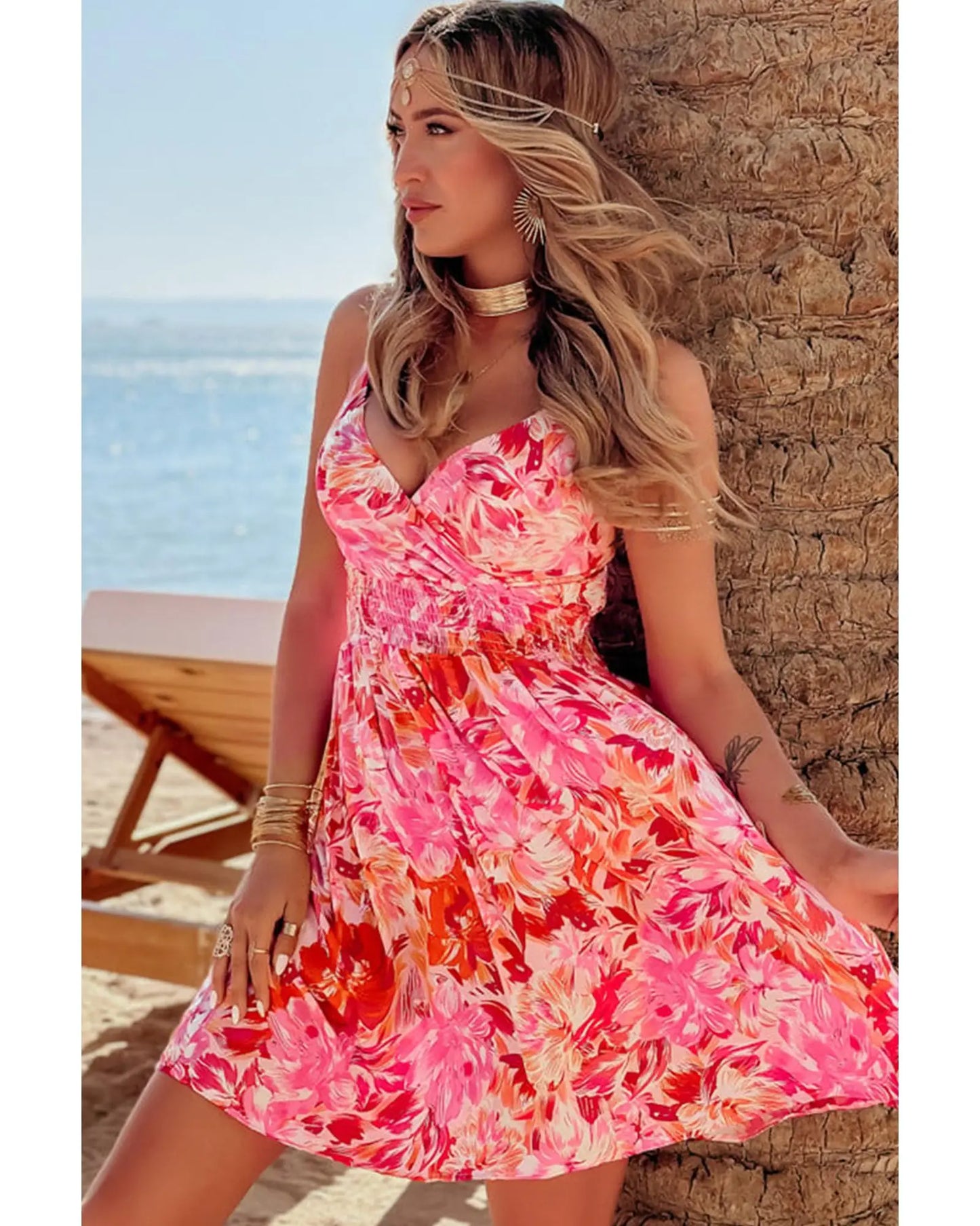 Red Floral Spaghetti Strap Surplice Neck Shirred Waist Mini Dress - XL Femina Worldwide