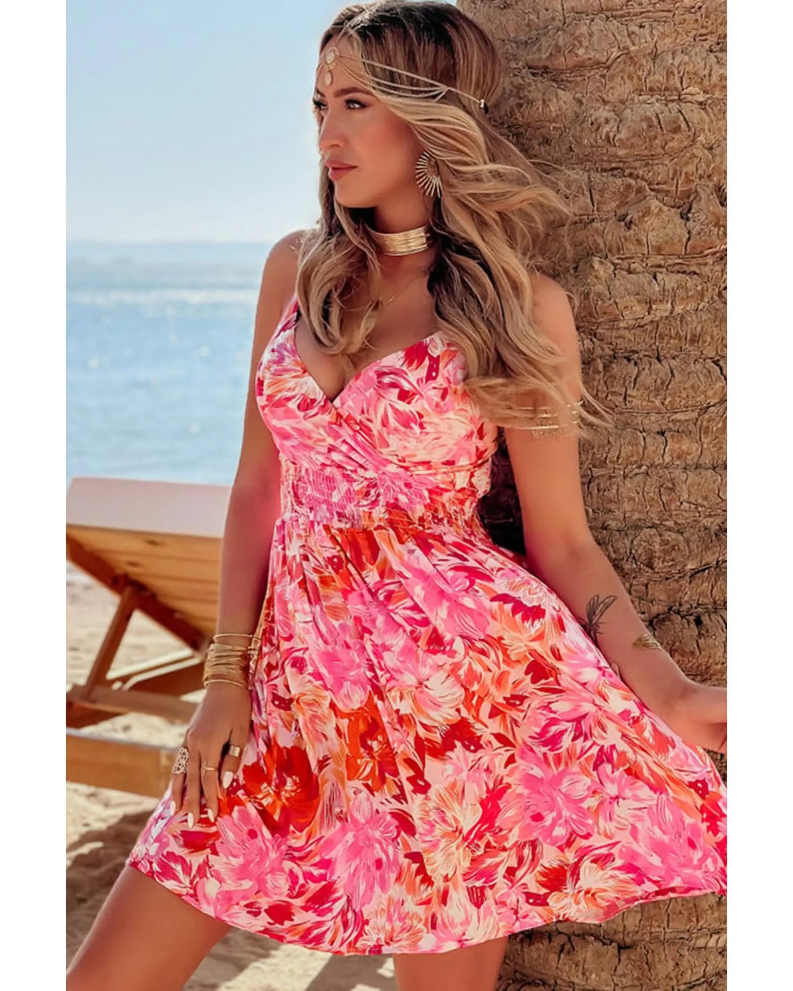 Red Floral Spaghetti Strap Surplice Neck Shirred Waist Mini Dress - XL Femina Worldwide