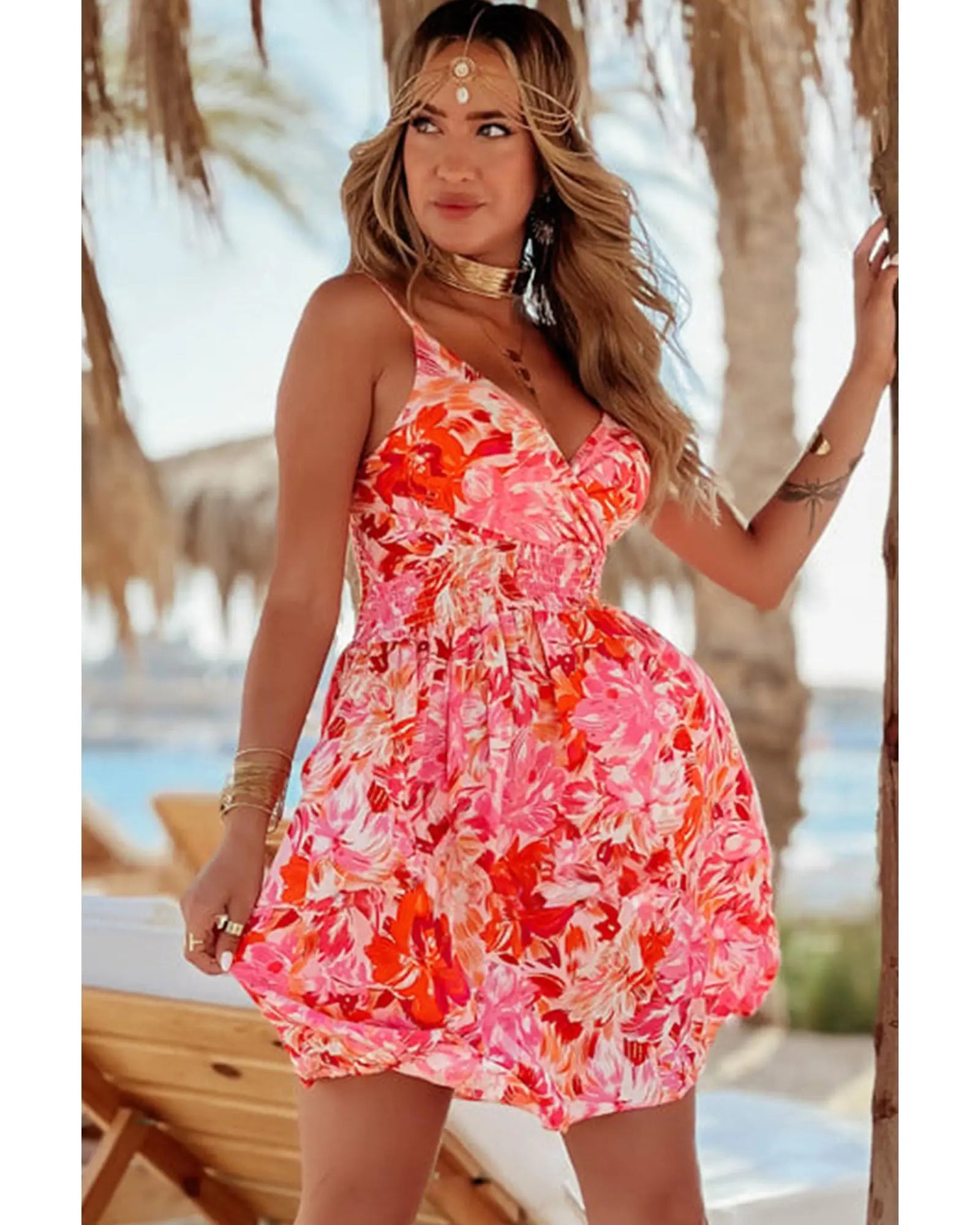 Red Floral Spaghetti Strap Surplice Neck Shirred Waist Mini Dress - XL Femina Worldwide