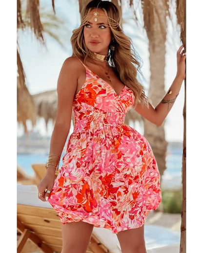 Red Floral Spaghetti Strap Surplice Neck Shirred Waist Mini Dress - XL Femina Worldwide