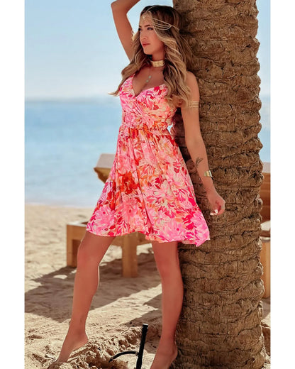 Red Floral Spaghetti Strap Surplice Neck Shirred Waist Mini Dress - XL Femina Worldwide