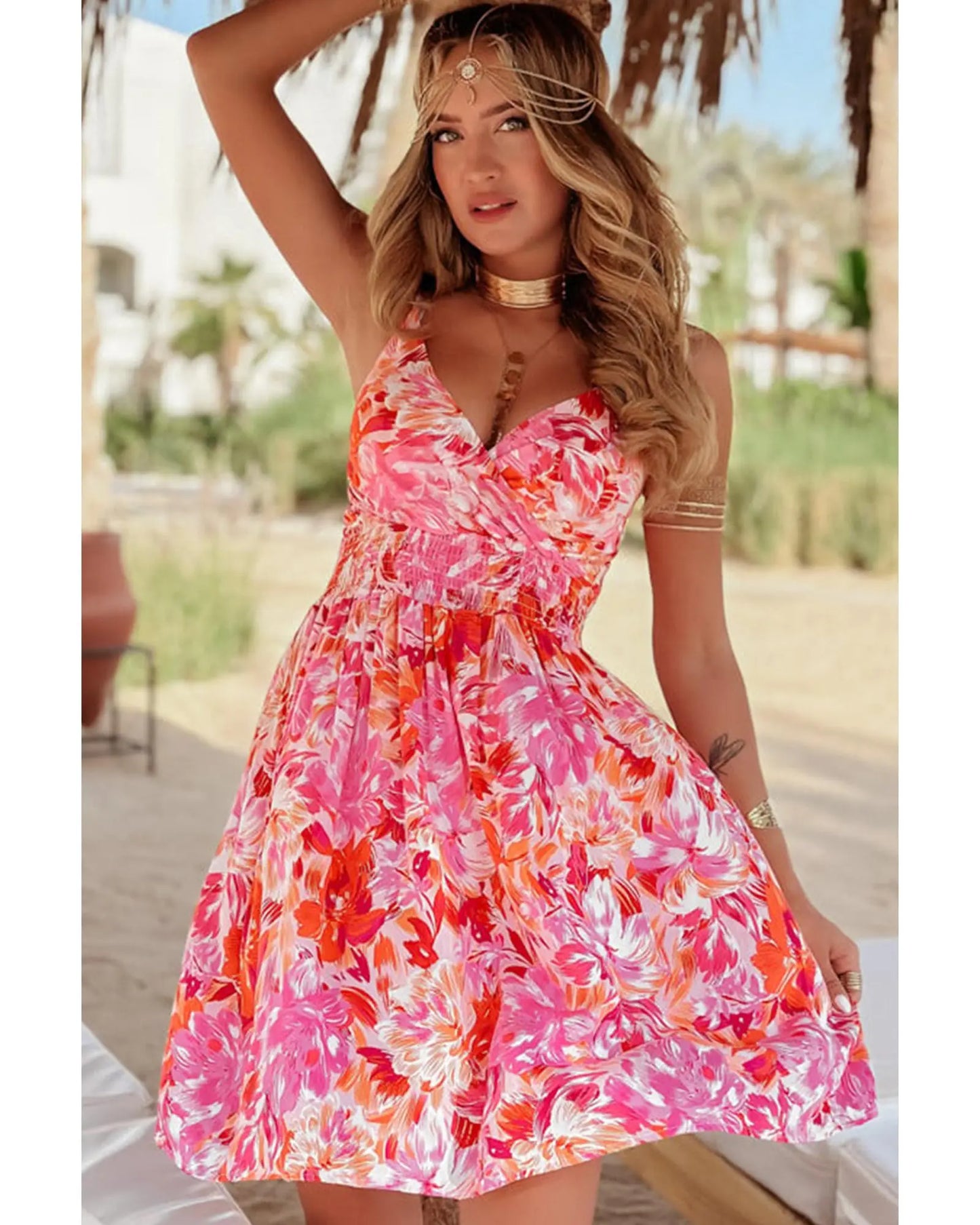 Red Floral Spaghetti Strap Surplice Neck Shirred Waist Mini Dress - XL Femina Worldwide