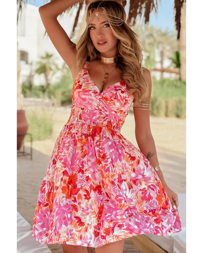 Red Floral Spaghetti Strap Surplice Neck Shirred Waist Mini Dress - XL Femina Worldwide