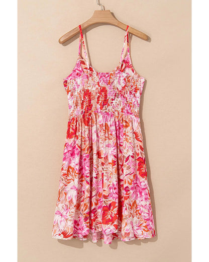 Red Floral Spaghetti Strap Surplice Neck Shirred Waist Mini Dress - XL Femina Worldwide