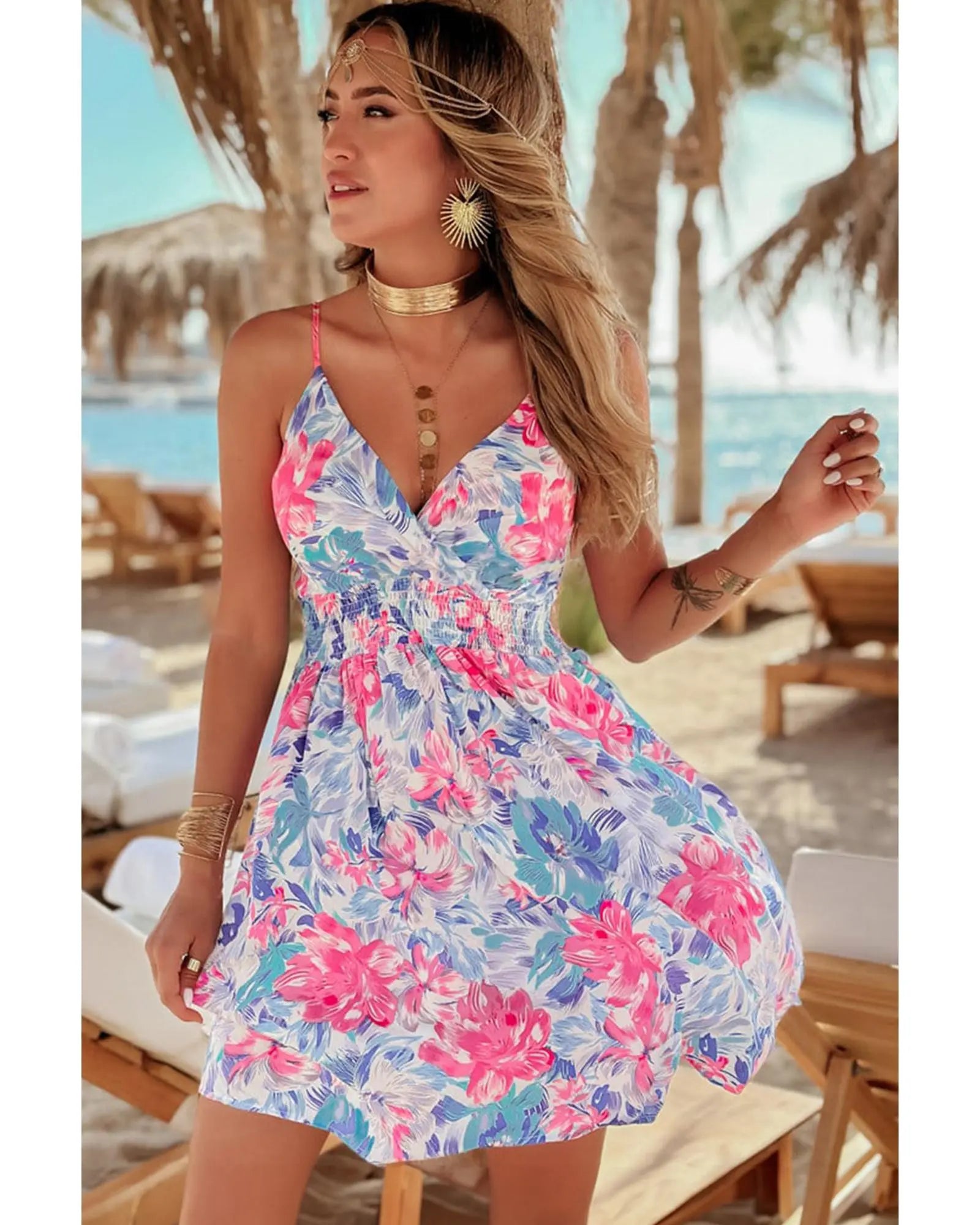 Sky Blue Floral Spaghetti Strap Surplice Neck Shirred Waist Mini Dress - L Femina Worldwide