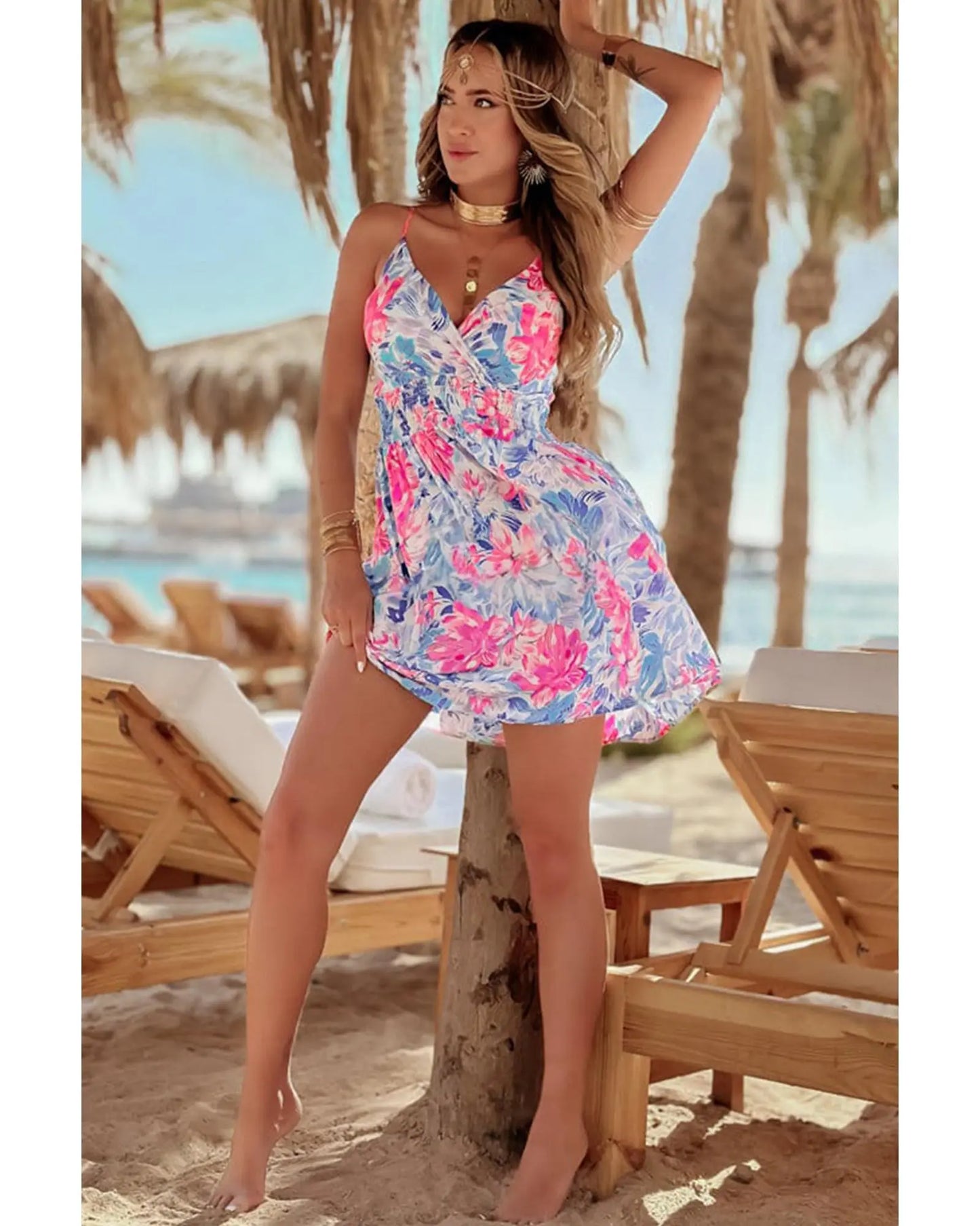 Sky Blue Floral Spaghetti Strap Surplice Neck Shirred Waist Mini Dress - L Femina Worldwide