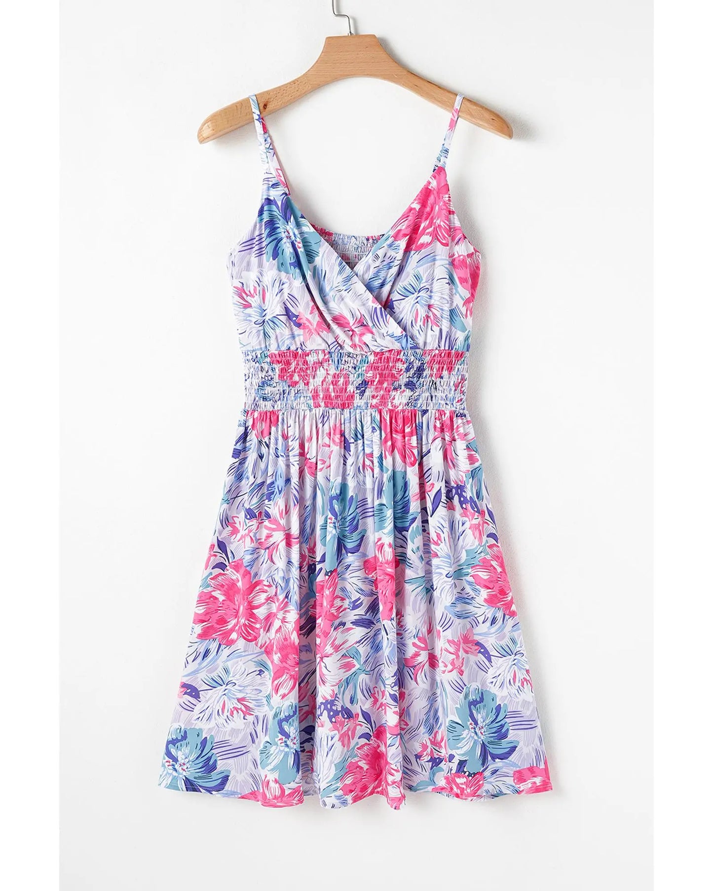 Sky Blue Floral Spaghetti Strap Surplice Neck Shirred Waist Mini Dress - L Femina Worldwide