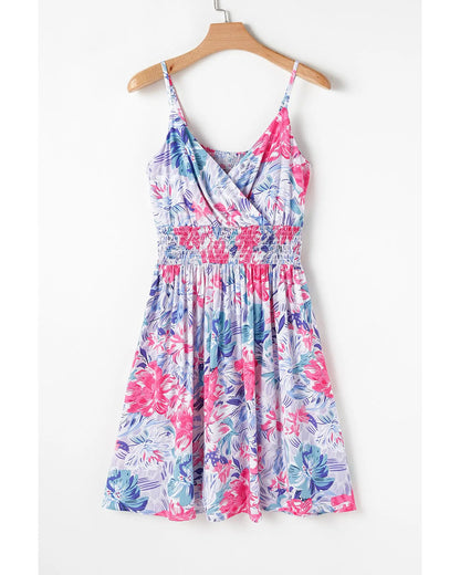 Sky Blue Floral Spaghetti Strap Surplice Neck Shirred Waist Mini Dress - L Femina Worldwide