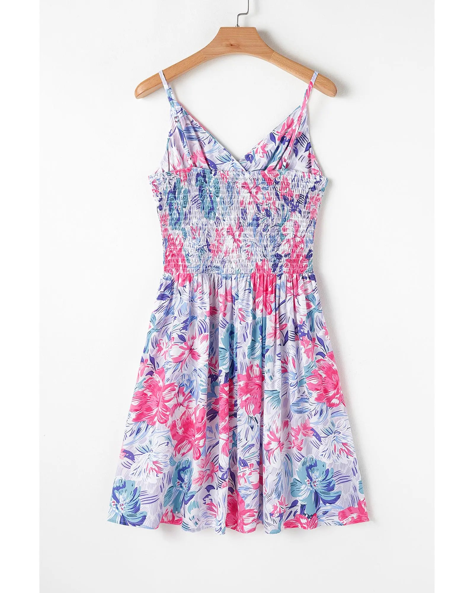 Sky Blue Floral Spaghetti Strap Surplice Neck Shirred Waist Mini Dress - L Femina Worldwide