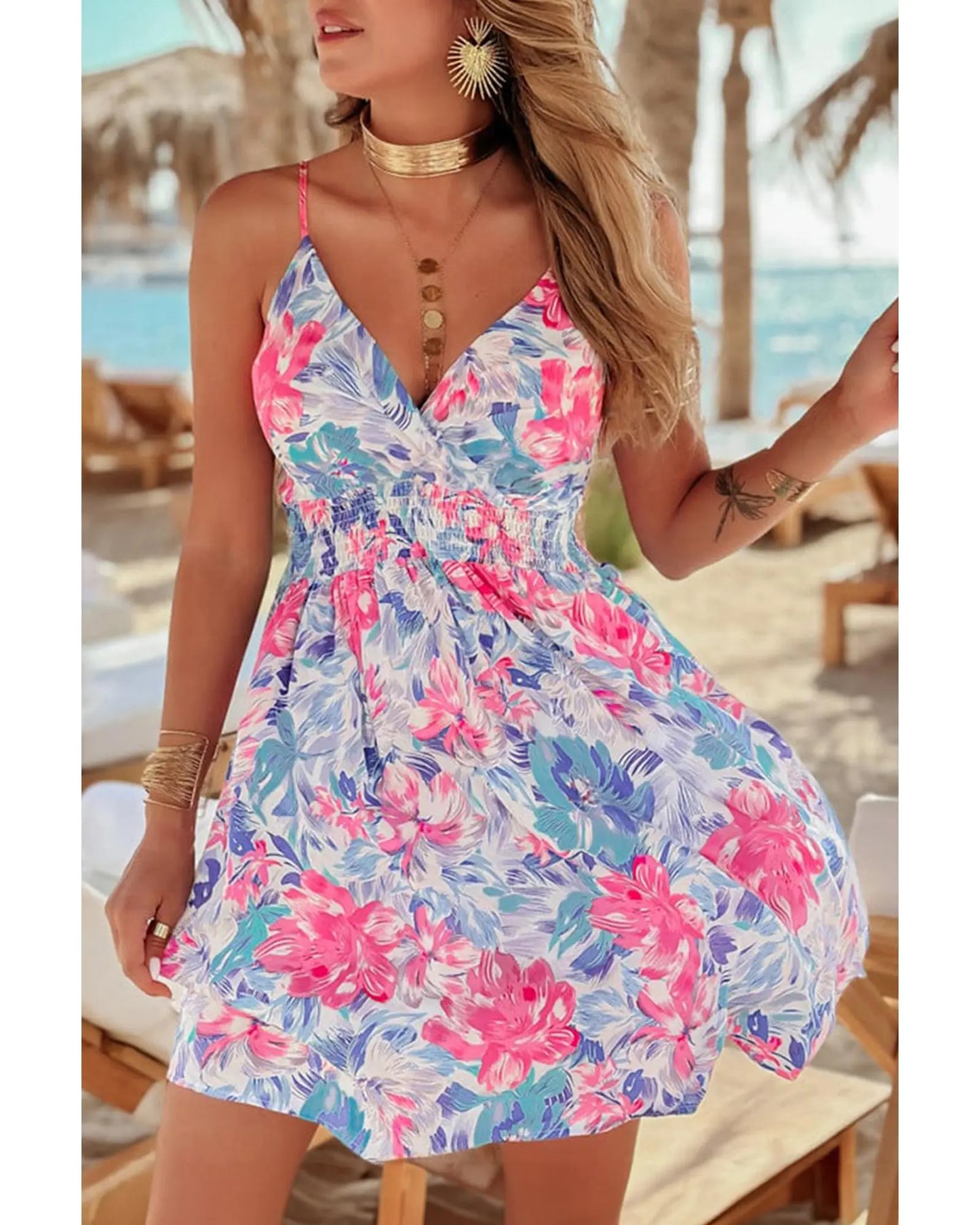 Sky Blue Floral Spaghetti Strap Surplice Neck Shirred Waist Mini Dress - M Femina Worldwide