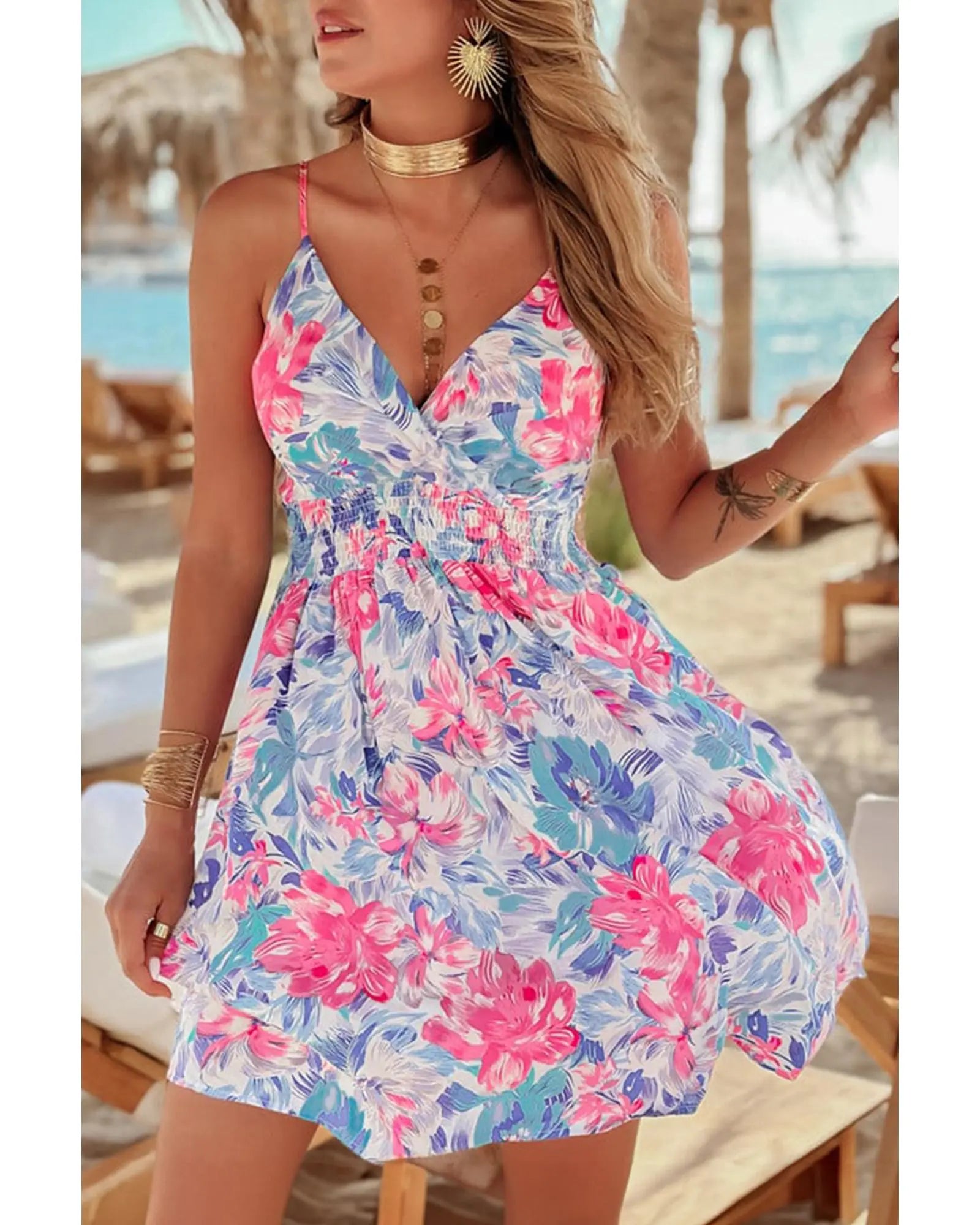 Sky Blue Floral Spaghetti Strap Surplice Neck Shirred Waist Mini Dress - M Femina Worldwide