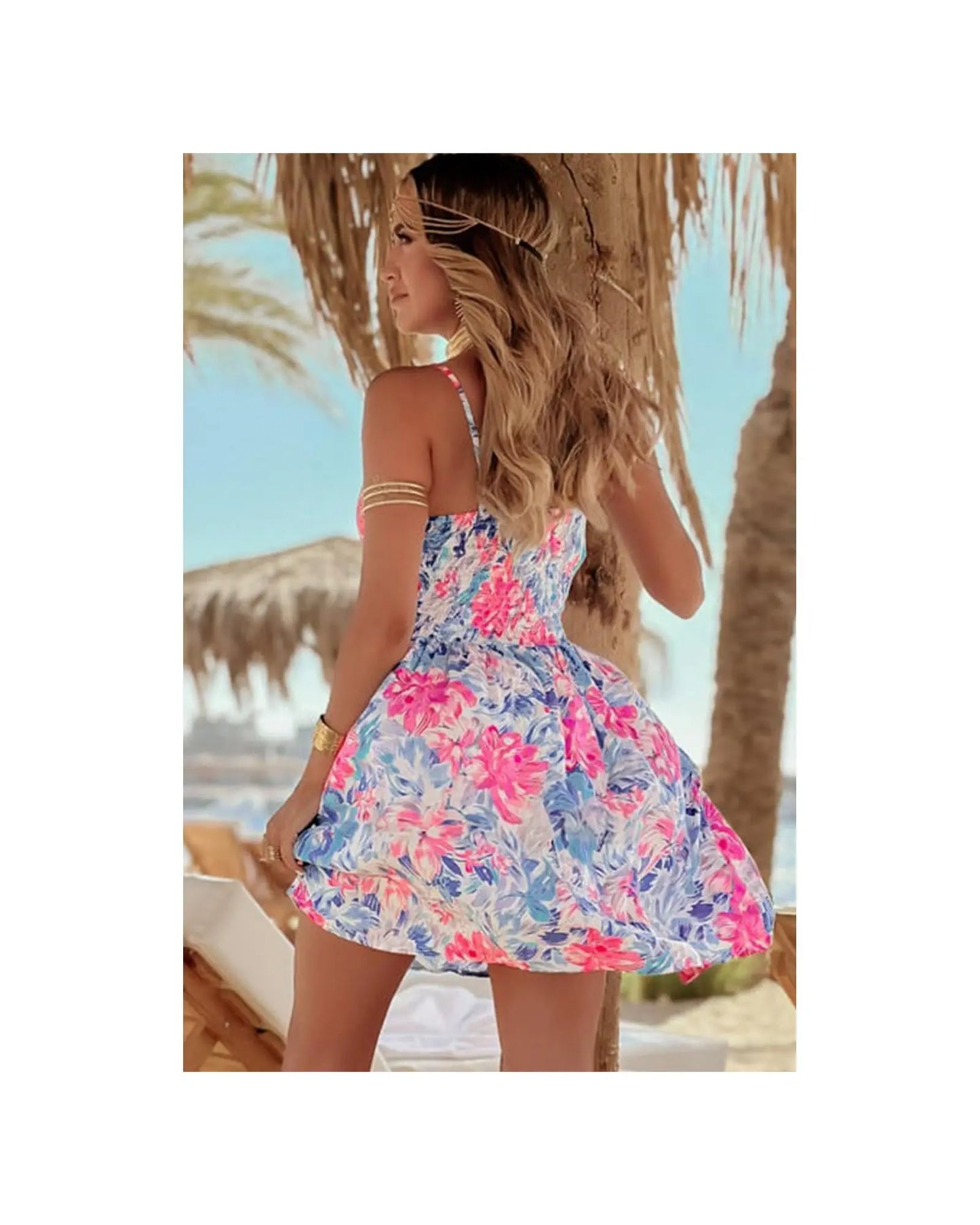 Sky Blue Floral Spaghetti Strap Surplice Neck Shirred Waist Mini Dress - M Femina Worldwide