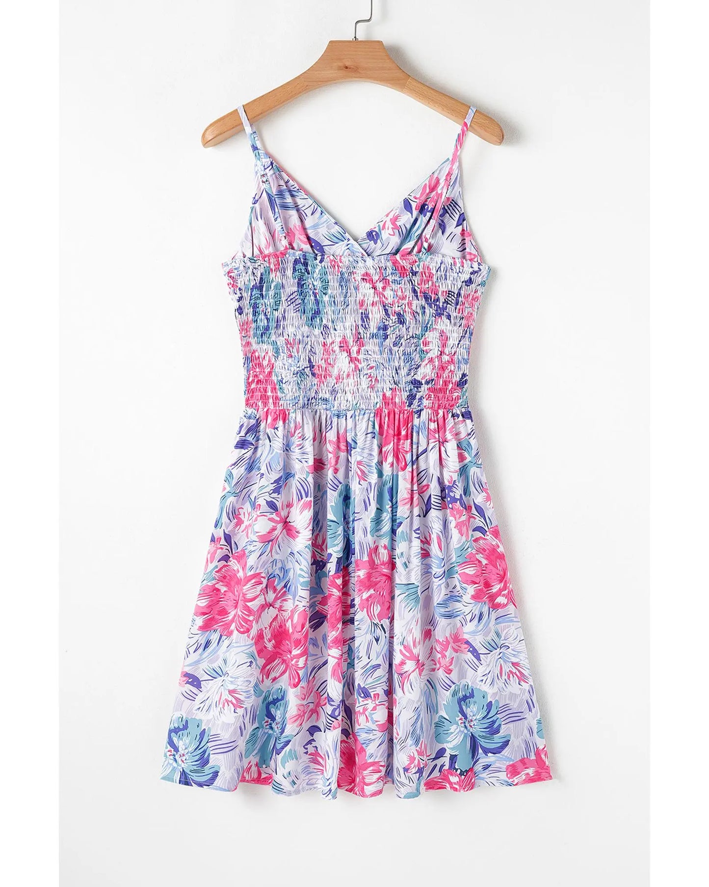 Sky Blue Floral Spaghetti Strap Surplice Neck Shirred Waist Mini Dress - M Femina Worldwide
