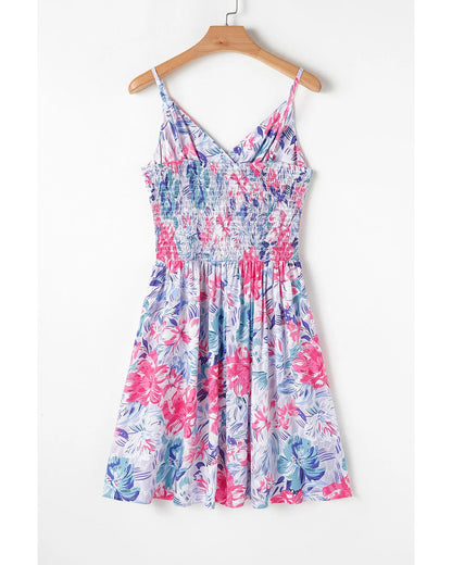Sky Blue Floral Spaghetti Strap Surplice Neck Shirred Waist Mini Dress - M Femina Worldwide