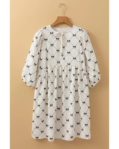 White Bowtie Pattern Textured Puff Half Sleeve Loose Mini Dress - S Femina Worldwide