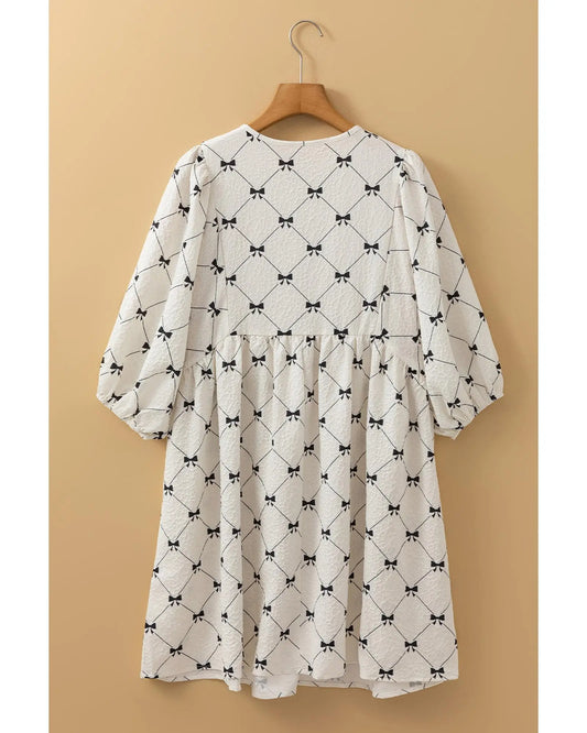 White Bowtie Pattern Textured Puff Half Sleeve Loose Mini Dress - XL Femina Worldwide