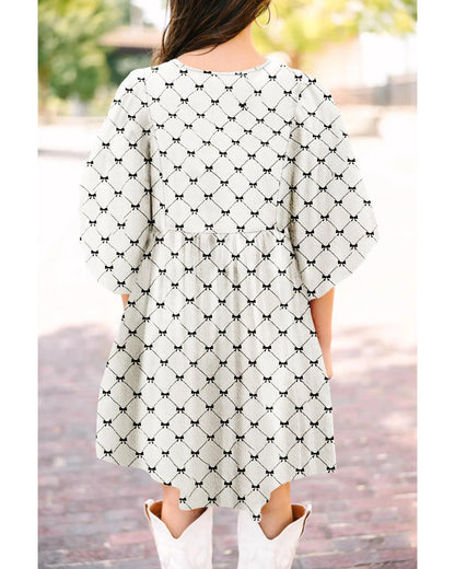 White Bowtie Pattern Textured Puff Half Sleeve Loose Mini Dress - XL Femina Worldwide