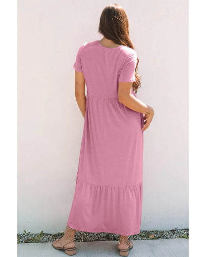 Pink Solid Color T-shirt High Waist Pocketed Long Dress - M Femina Worldwide