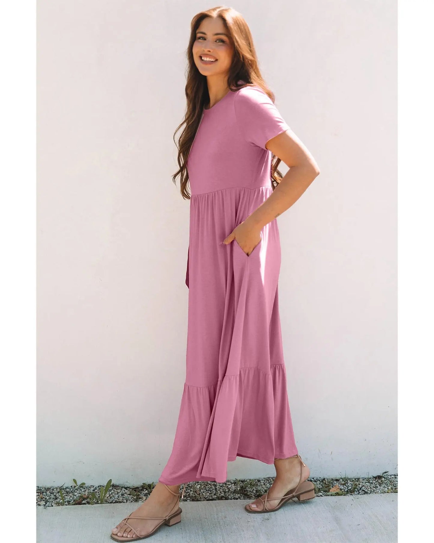 Pink Solid Color T-shirt High Waist Pocketed Long Dress - M Femina Worldwide