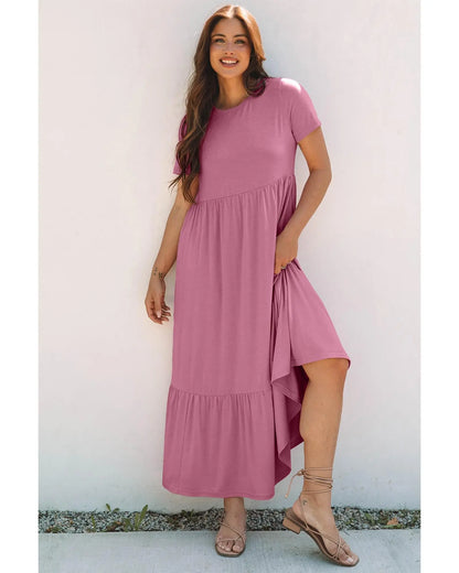 Pink Solid Color T-shirt High Waist Pocketed Long Dress - M Femina Worldwide