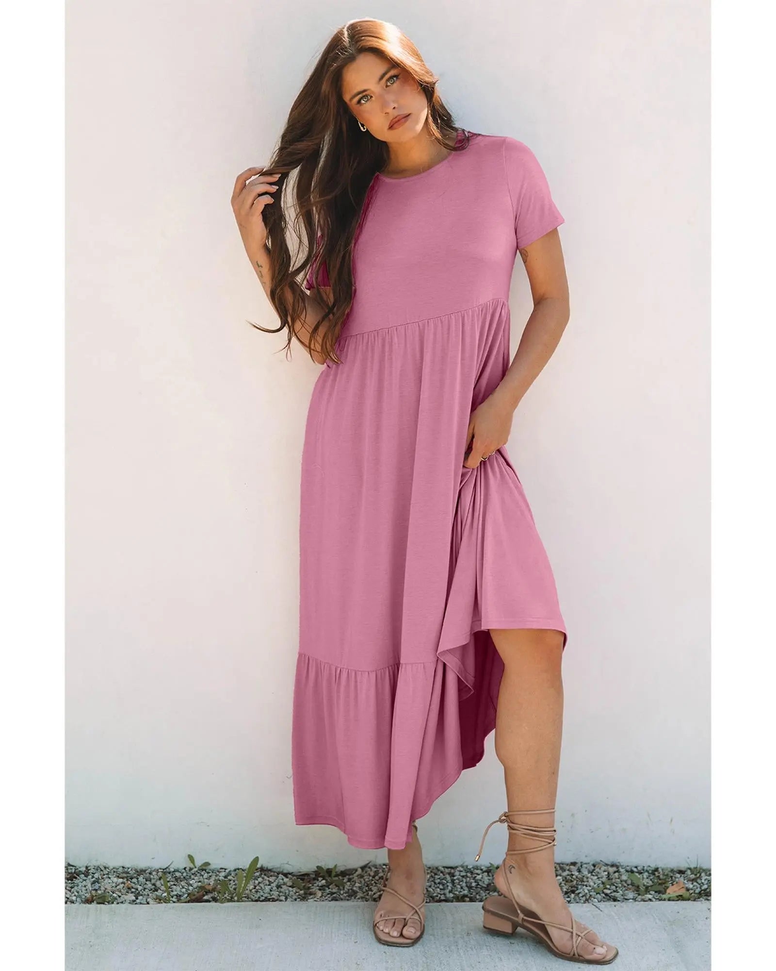 Pink Solid Color T-shirt High Waist Pocketed Long Dress - M Femina Worldwide
