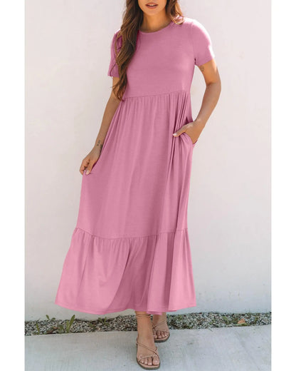 Pink Solid Color T-shirt High Waist Pocketed Long Dress - M Femina Worldwide