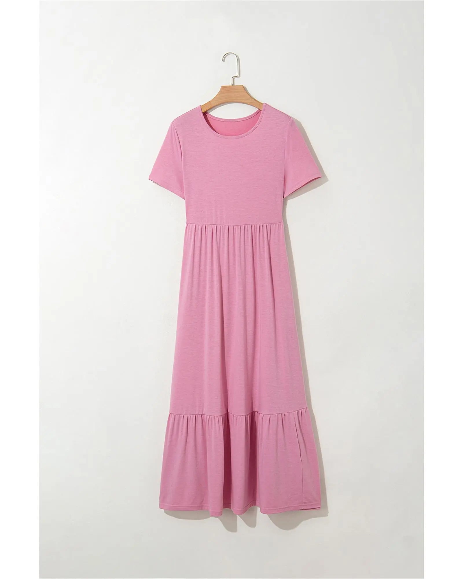 Pink Solid Color T-shirt High Waist Pocketed Long Dress - M Femina Worldwide