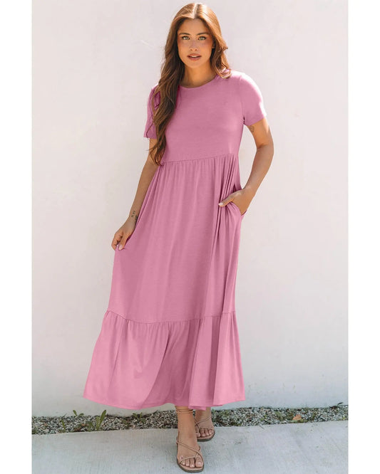 Pink Solid Color T-shirt High Waist Pocketed Long Dress - S Femina Worldwide