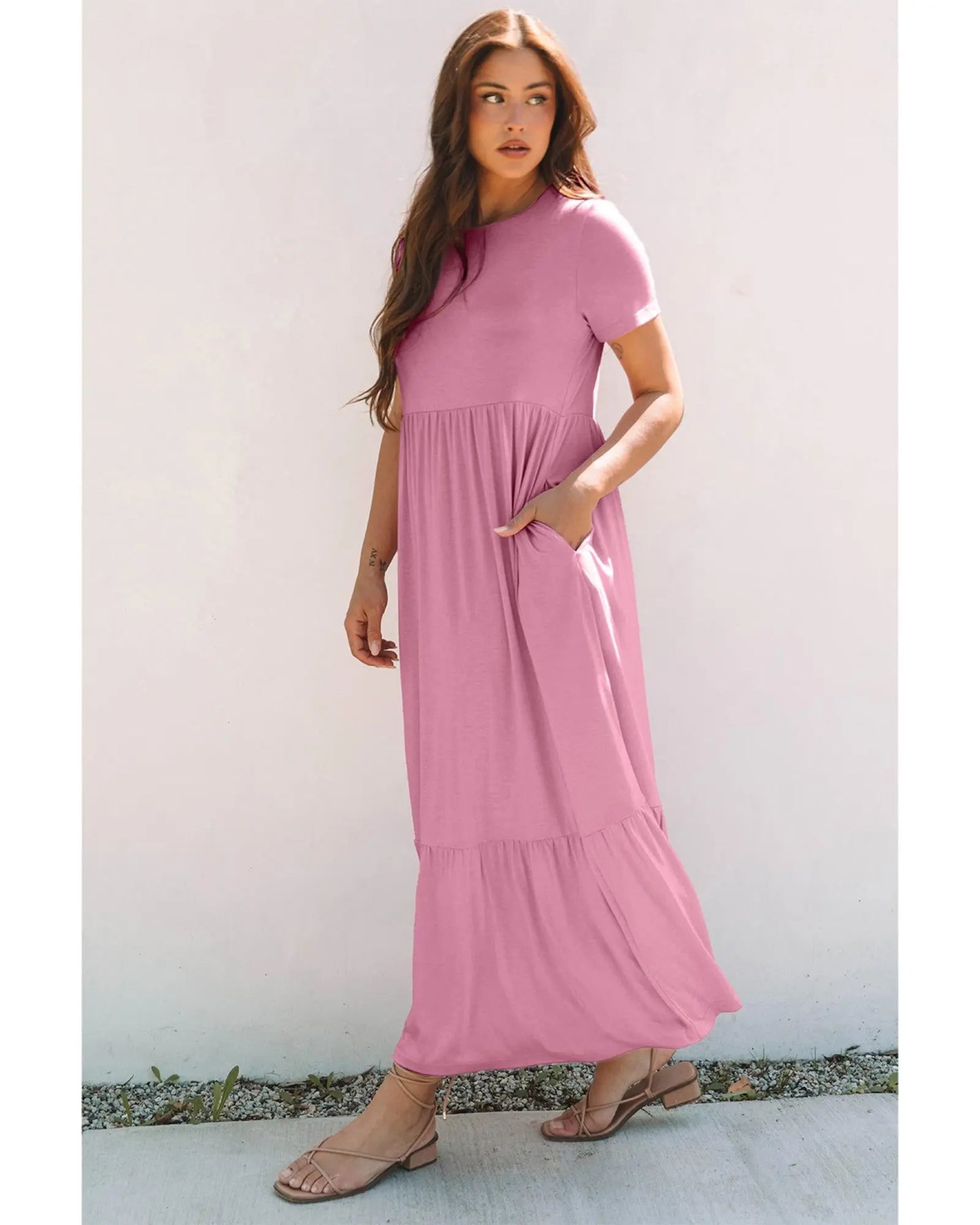 Pink Solid Color T-shirt High Waist Pocketed Long Dress - S Femina Worldwide