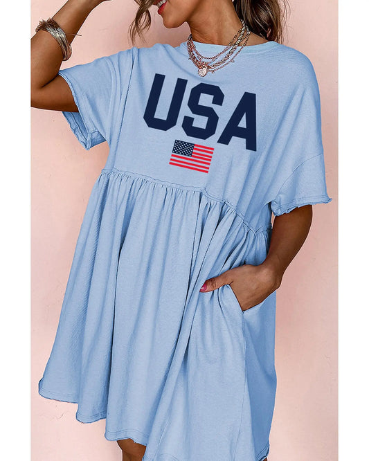 Sky Blue USA Flag Print Short Sleeve High Waist Babydoll Dress - M Femina Worldwide