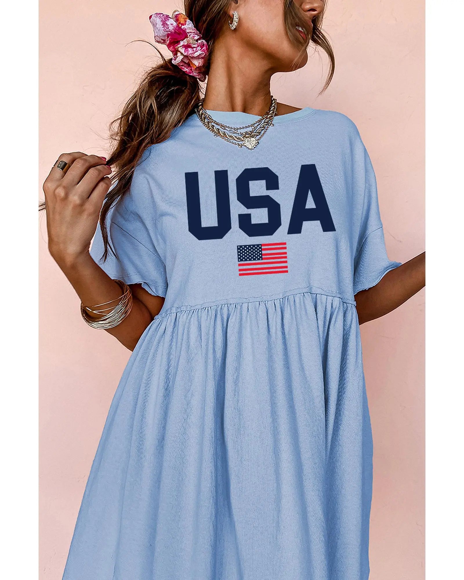Sky Blue USA Flag Print Short Sleeve High Waist Babydoll Dress - S Femina Worldwide