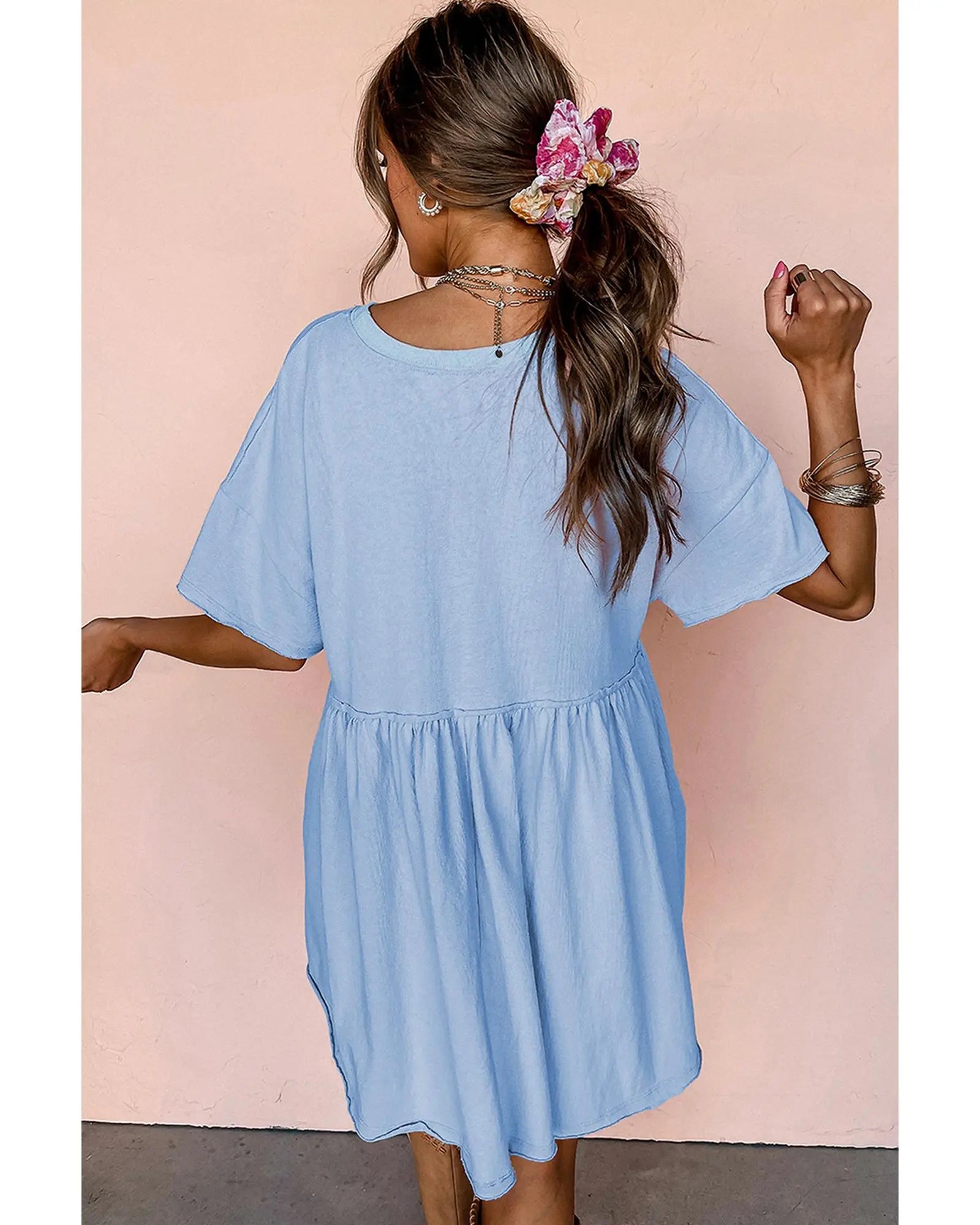 Sky Blue USA Flag Print Short Sleeve High Waist Babydoll Dress - S Femina Worldwide